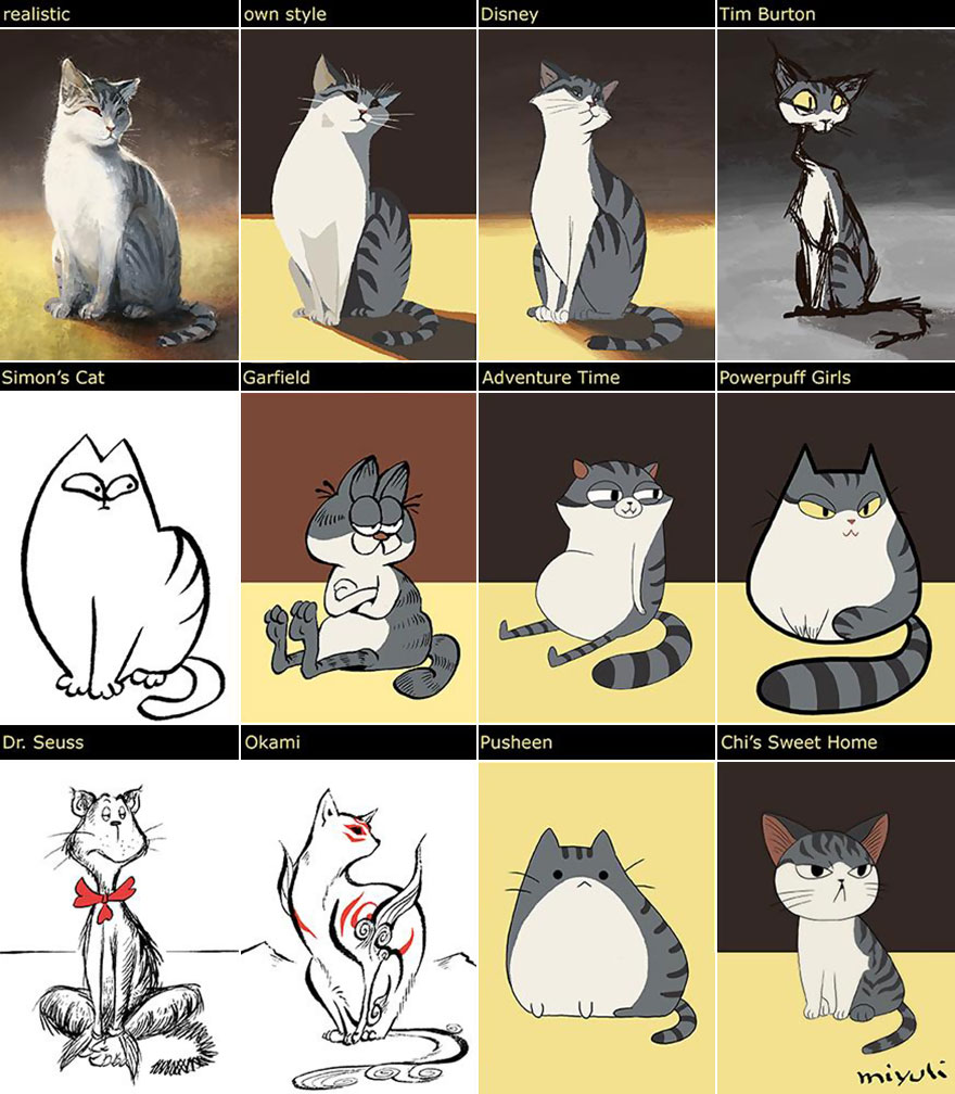 Artist Draws Her Cat In 12 Different Styles From Disney To Tim Burton