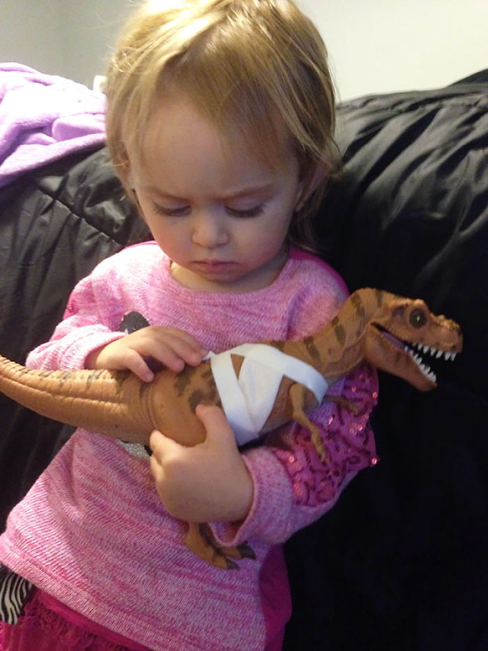 When These Jurassic Park Battle Damage, Open Wounded, Dinosaurs Originally Came Out, People Complained How They Were Too Violent For Children. Yet Here's My 2-year-old, Who Asked Me To Help Treat His Wounds, And Now Comforting Him