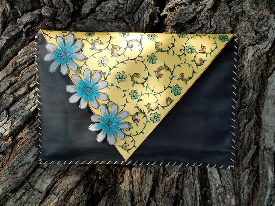 I Use 3D And Collage Techniques To Create Unique Handmade Leather Clutch Bags