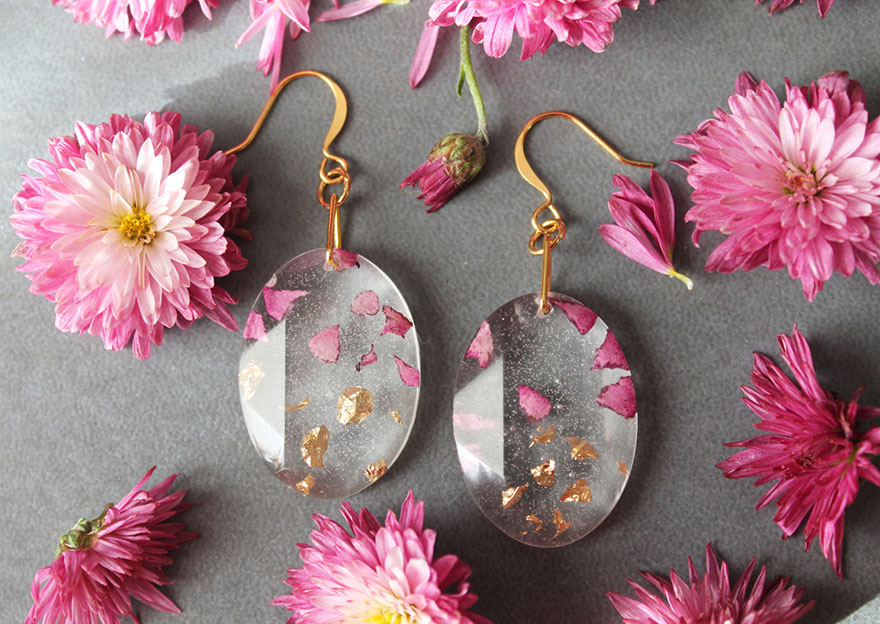 Real Flower Petals And Gold Flakes In Resin Jewelry By Lyuda