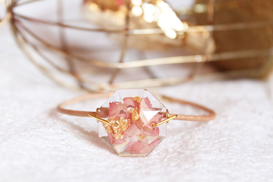 Resin Rings Pink and Gold Love heart resin Stackable Rings Gold Leaf Resin