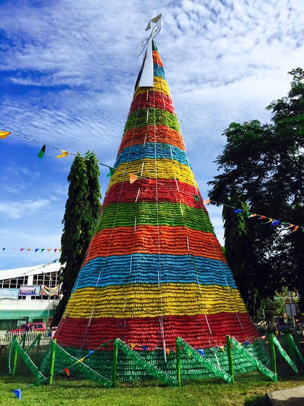Christmas Tree Made Of Recycled Plastic Bottles, Upi In Southern Philippines