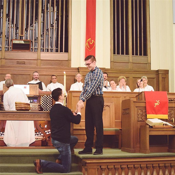 This Man Proposed To His Boyfriend In Their Church As They Weren't Allowed To Get Married Inside. They Were Greeted With Standing Ovations