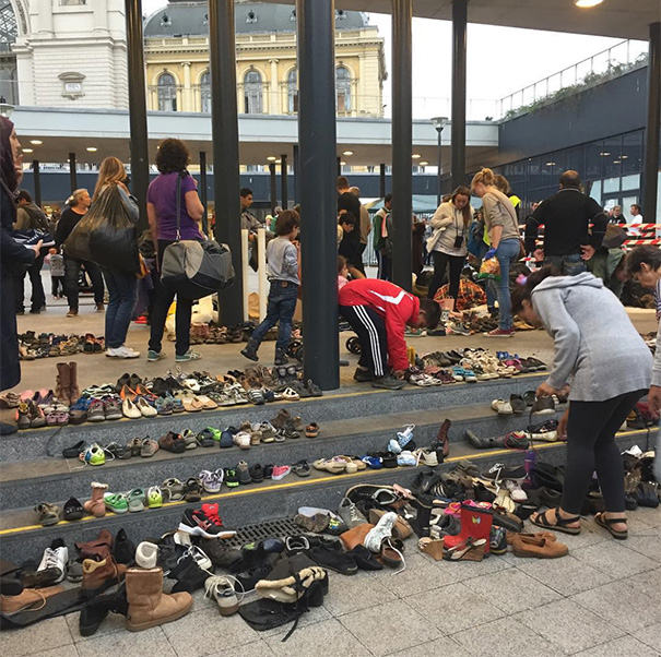 Hungarians Bring Their Shoes To The Budapest Train Station For Arriving Migrants