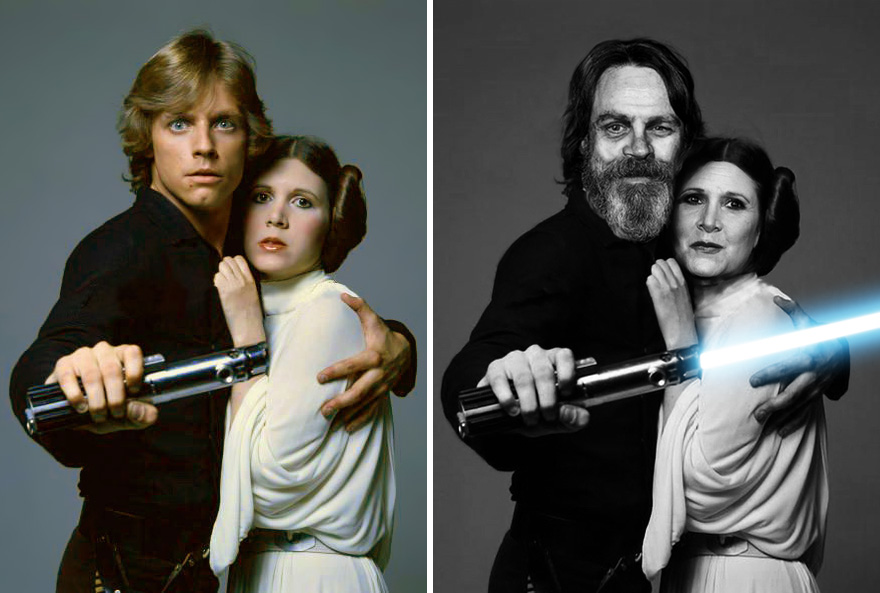 Mark Hamill And Carrie Fisher As Luke Skywalker And Princess Leia, 1977 And 2015