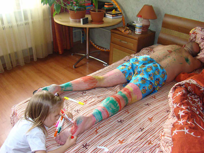 Dad With Painted Socks On His Legs