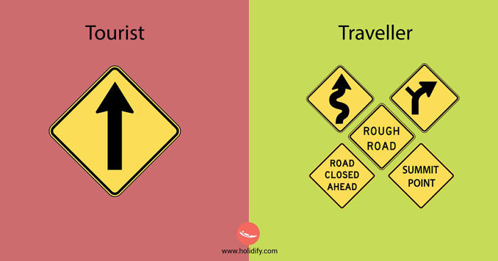 Comparison of tourist and traveller road signs with a single straight arrow versus multiple complex road warning signs showing differences between tourists and travellers.