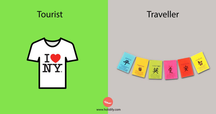 Graphic comparing a tourist represented by an I love NY shirt and a traveller by colorful prayer flags showing differences between tourists and travellers.