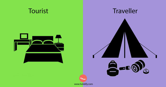 Illustration showing the difference between tourists with a hotel bed and travellers with a tent and camping gear.