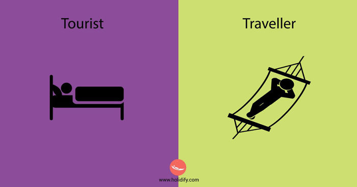 Comparison of tourists and travellers showing a person lying in bed versus relaxing in a hammock illustrating differences.