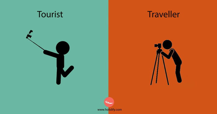 Silhouettes illustrating differences between tourists taking selfies and travellers using a camera on a tripod.