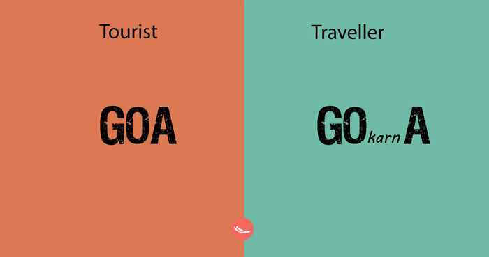 Comparison of tourist versus traveller showing different perceptions of the word Goa in bold text design.