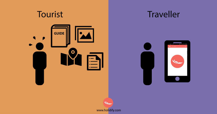Silhouettes representing tourist with guidebook and map icons and traveller with smartphone, highlighting differences between tourists and travellers.