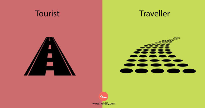 Comparison of travel paths symbolizing the key differences between tourists and travellers shown with road and dotted line icons.