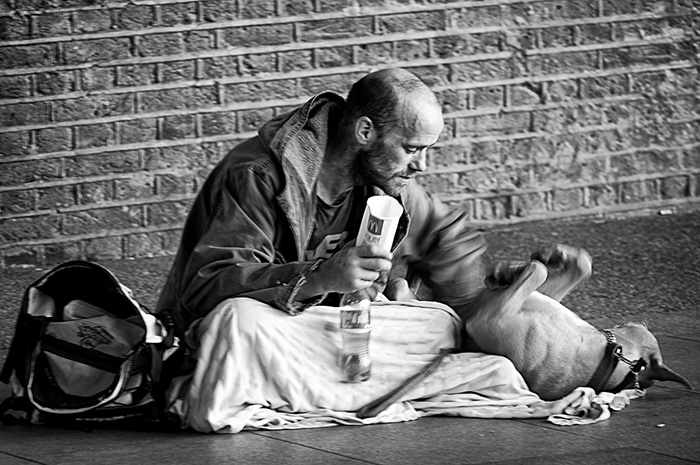 Homeless Man Playing With His Dog