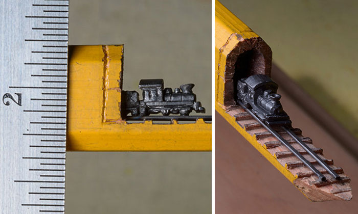 I Found A Carpenter Pencil In The Shop And Carved It Into A Train On Rails