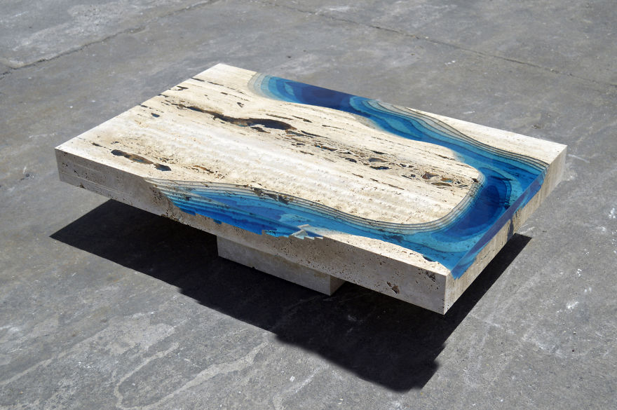 Lagoon Tables That I Create By Merging Resin With Cut Travertine Marble