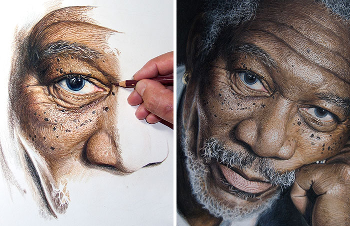 My 50-Hour High-Detail Drawing Of Morgan Freeman In Color Pencils