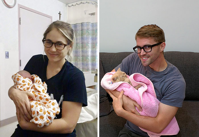 Single Guy Recreates His Twin Sister’s Baby Photos Using A Cat (7 Pics)