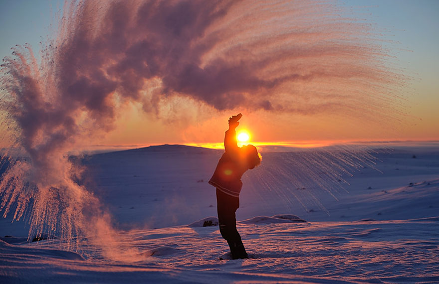 Pouring Hot Tea At -40C Near The Arctic Circle During Sunset