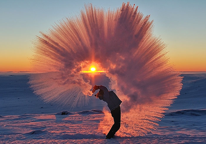 Pouring Hot Tea At -40C Near The Arctic Circle During Sunset