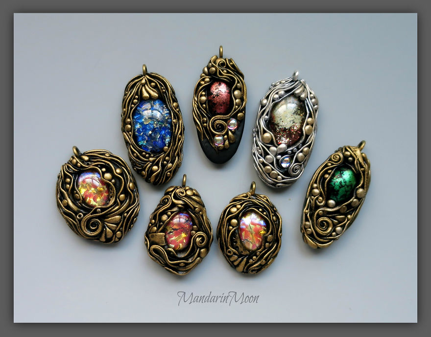 I Made These Pendants With Polymer Clay And Some Amazing Cabochons.