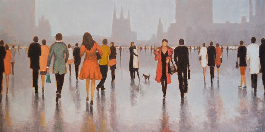 Artist Paints Hundreds Of People Walking In The Rain