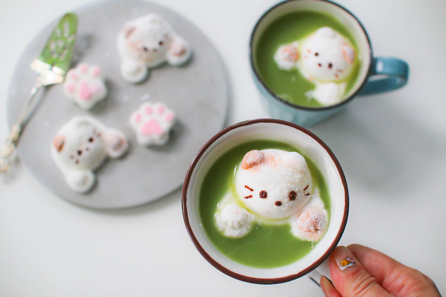 Cat Marshmallows In Matcha Latte