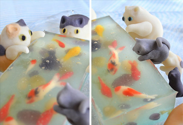 Candy Cats Trying To Catch Goldfish Stuck In Jelly