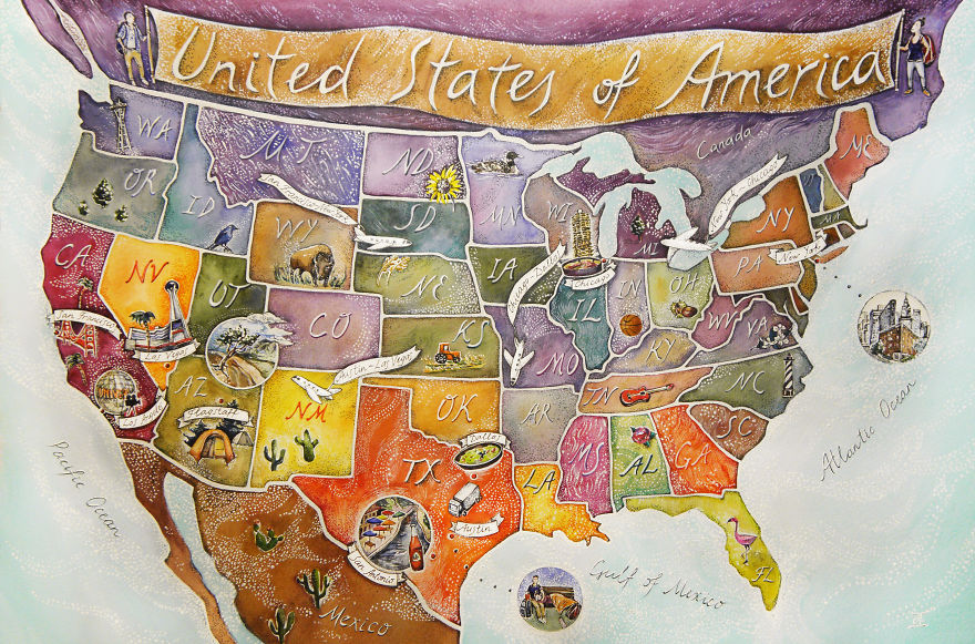 I Drew An Illustrated Map Of Usa Based On Couple's Adventures