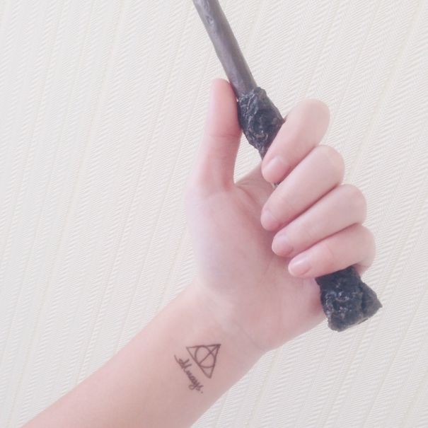 Harry Potter symbol and Always written tattoo on wrist
