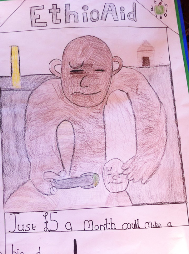 My Son Was Studying Famine Etc And This Was His Poster To Raise Awareness And Money. I Promise He's 'Spoon' Feeding A Child
