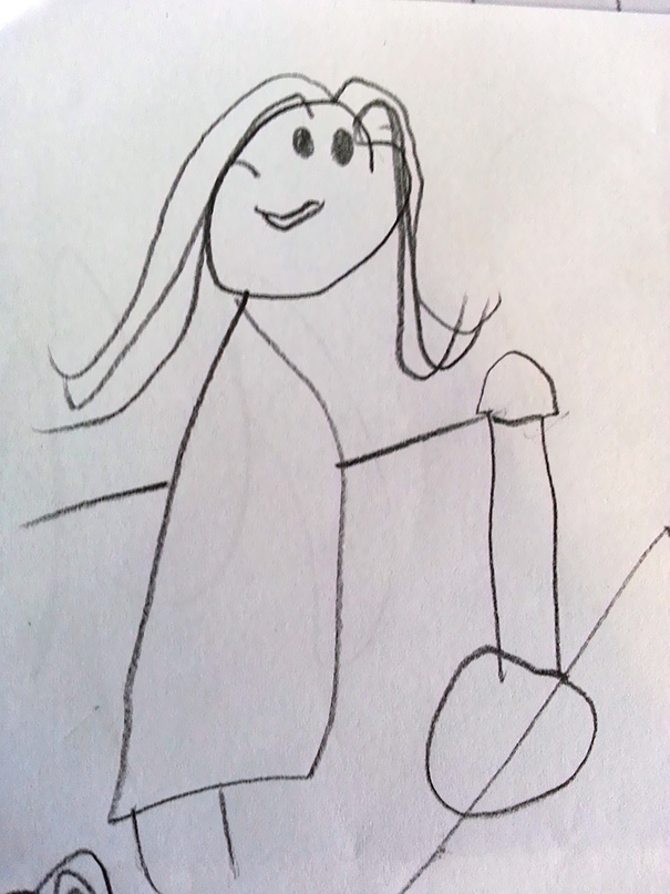 My 5-Year-Old Daughter Drew A Picture Of Her At The Farm Holding A Shovel