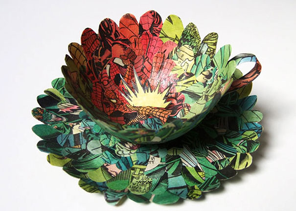 Old Books Repurposed Into Paper Cups And Saucers By Cecilia Levy