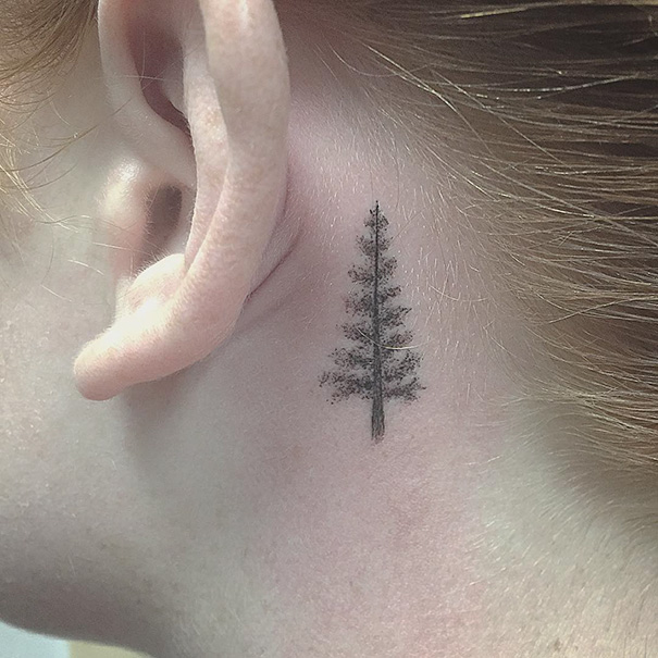 Pine tree tattoo behind ear