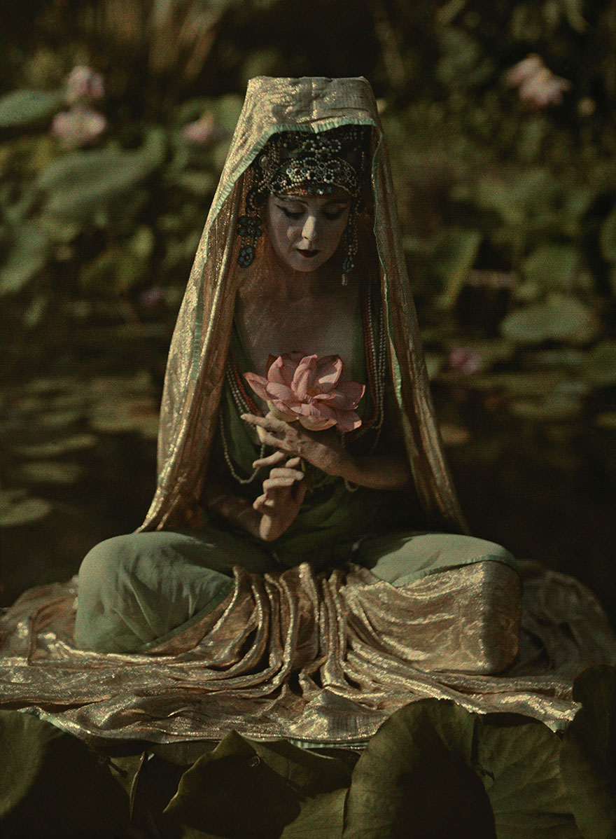 Woman Adorned Like A Chinese Goddess Poses In A Garden In California, 1915