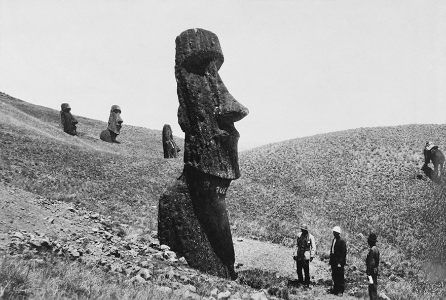 Men Observe The Giant Statues Of Easter Island In Polynesia, December 1922
