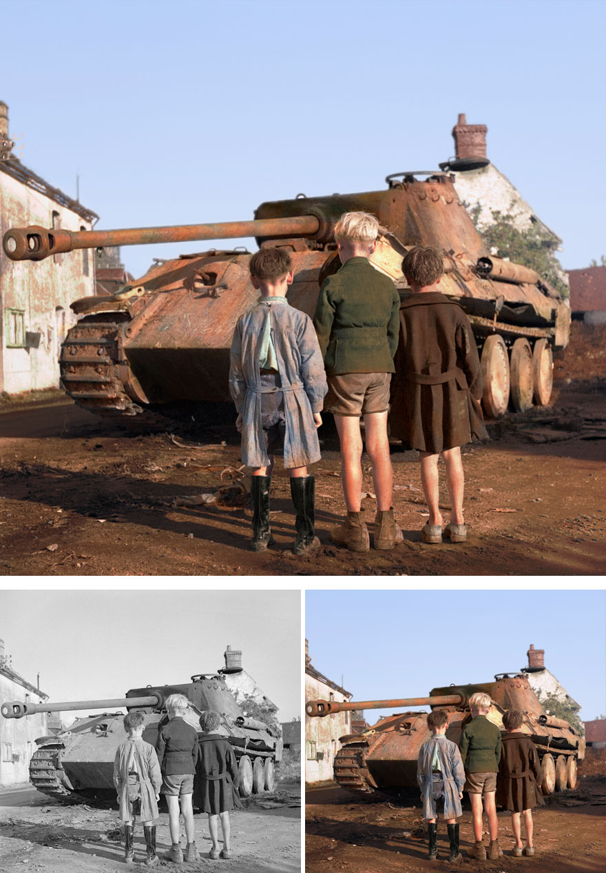 Three French Boys Looking At A Knocked-out German Panther Tank