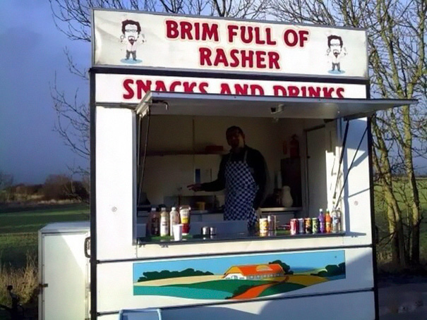 Snack and drink shop sign ‘BRIM FULL OF RASHER’