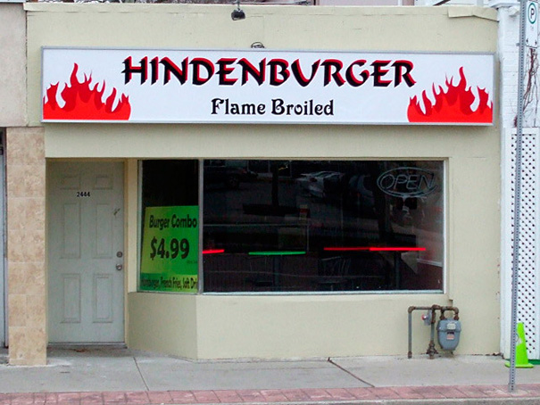 Burger restaurant sign ‘HINDENBURGER’ Flame Broiled