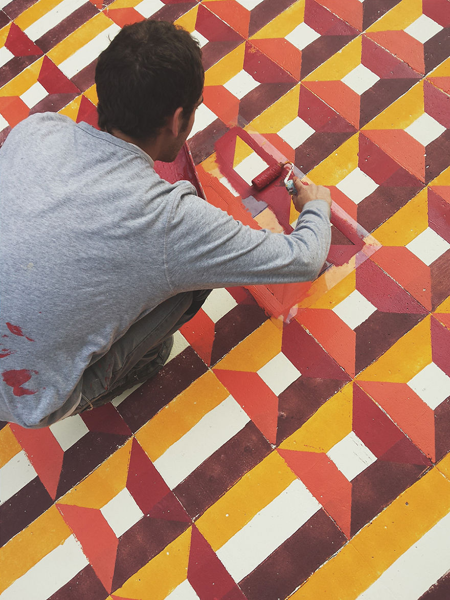 I Spray Paint Floors Of Abandoned Places With Colorful Tile Patterns