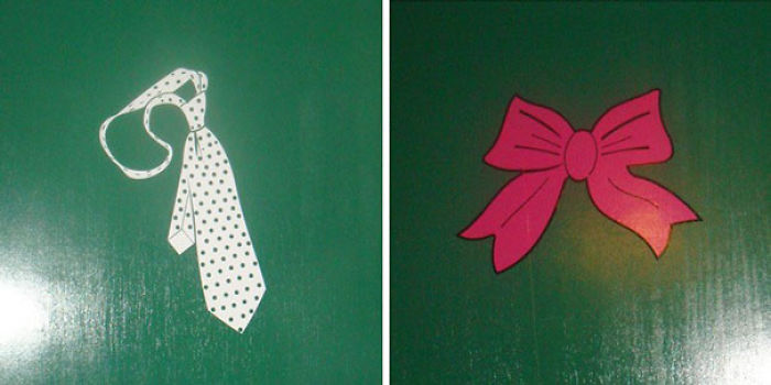 Polka dot tie and pink bow signs on bathroom doors, showing funny bathroom signs found around the world.