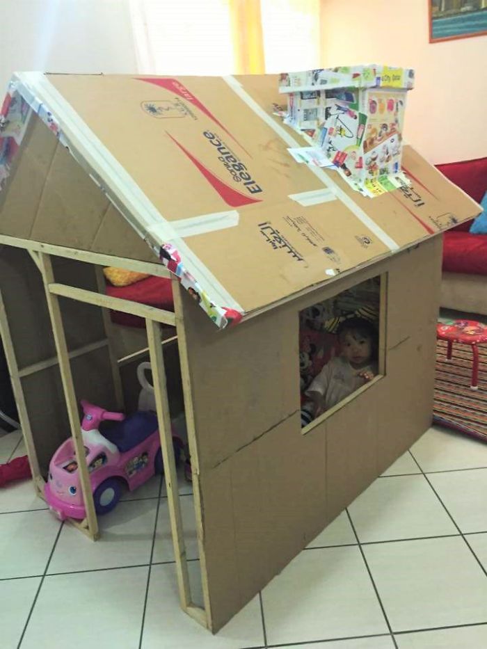 Grandfather Builds Cardboard Playhouse For His Littler Grandaughter