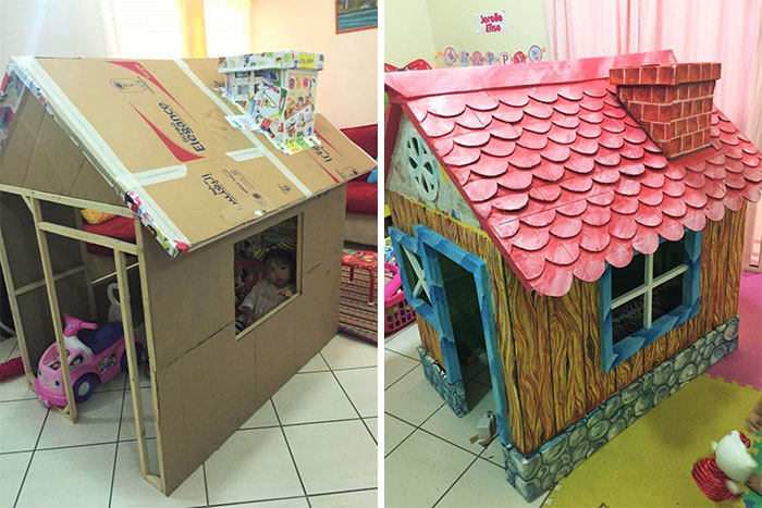Grandfather Builds Cardboard Playhouse For His Littler Grandaughter
