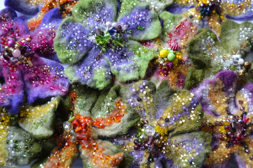 I Embroider Wool Felted Flowers With Beads To Turn Them Into Fairy Tales