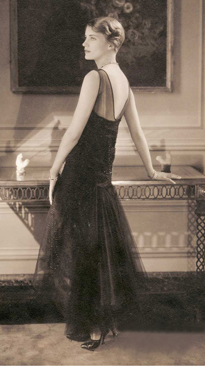 Lee Miller, 1928. Black Tulle Evening Dress Lelong. Black Satin Pumps Delman. Jewels Marcus. In Condé Nast’s Apartment