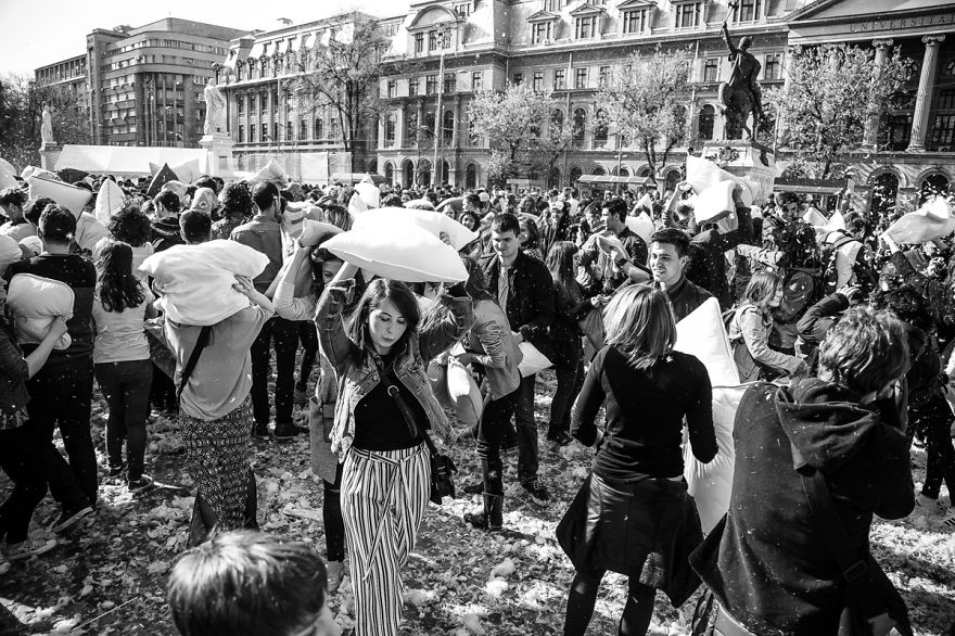I Documented Moments Of The International Pillow Fight Day In Bucharest, Romania