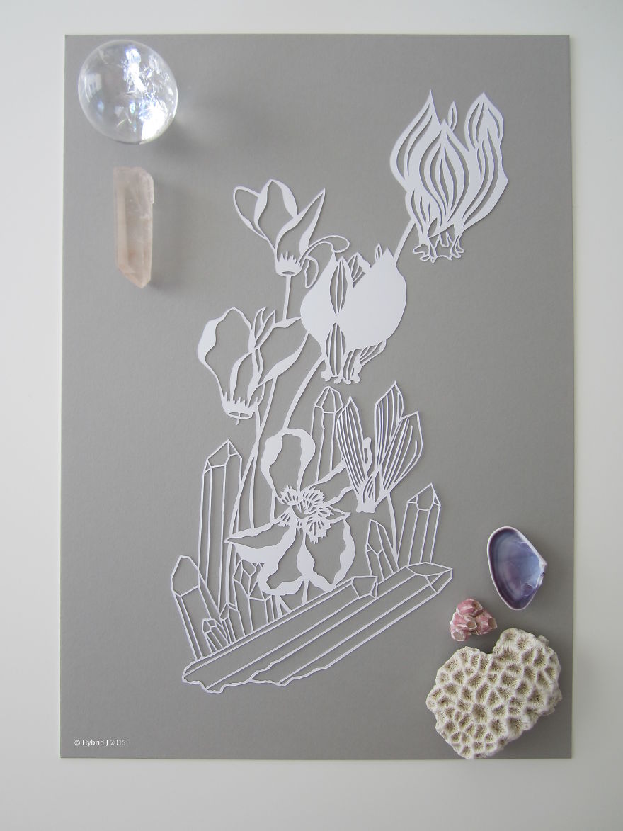 I Create Detailed Paper Cut Outs Of Flowers And Crystals