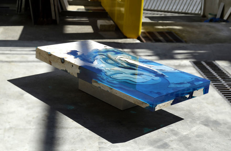 My Recent Lagoon Table That I Made By Merging Resin With Cut Travertine Marble