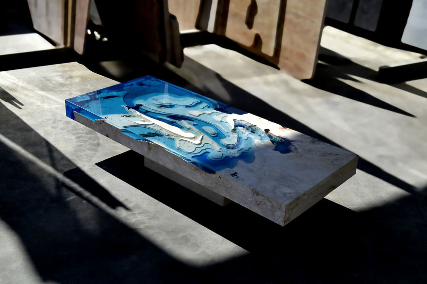 My Recent Lagoon Table That I Made By Merging Resin With Cut Travertine Marble